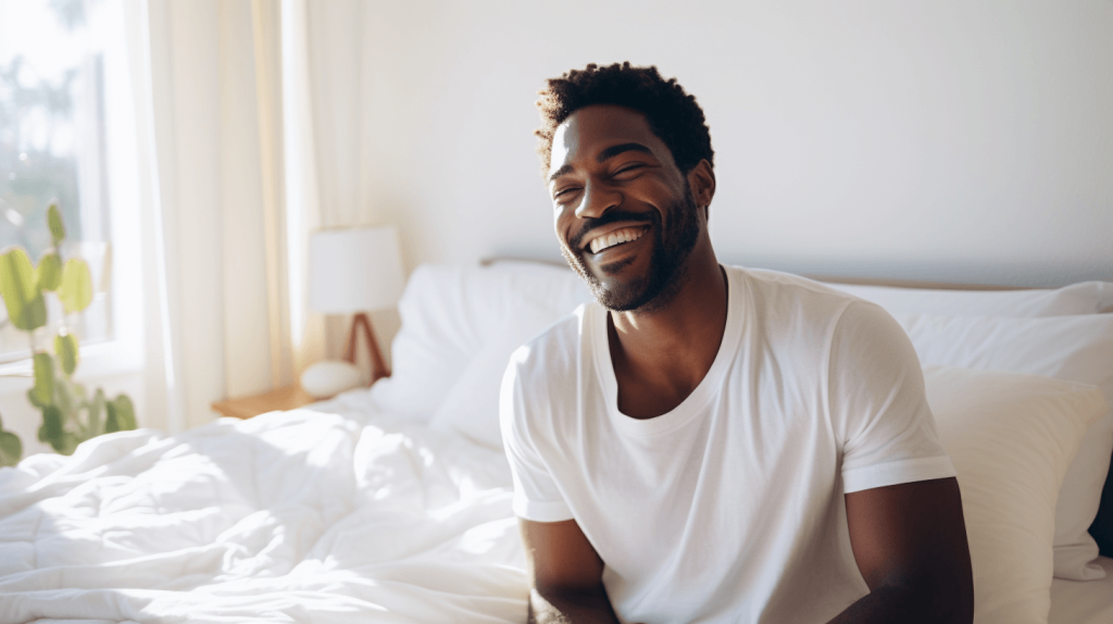 man getting up in the morning and smiling 